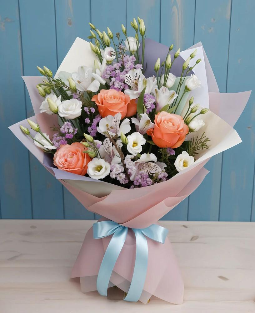 Букет цветов из: Лизиантусы, Розы, Альстромерии и Гипсофила в Гвардейском